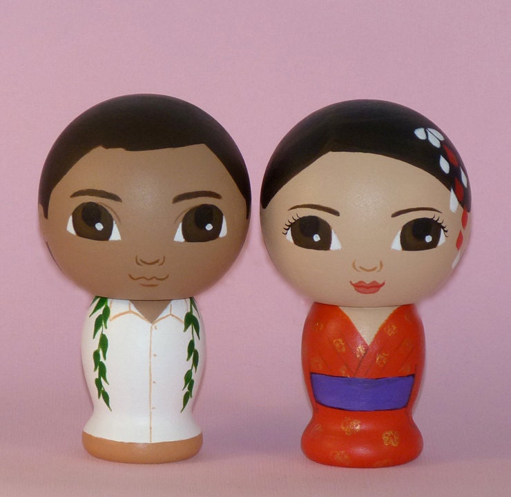 Custom Wedding Cake Toppers Hand Painted on Wooden Kokeshi Dolls Kimono Hawaiian Style