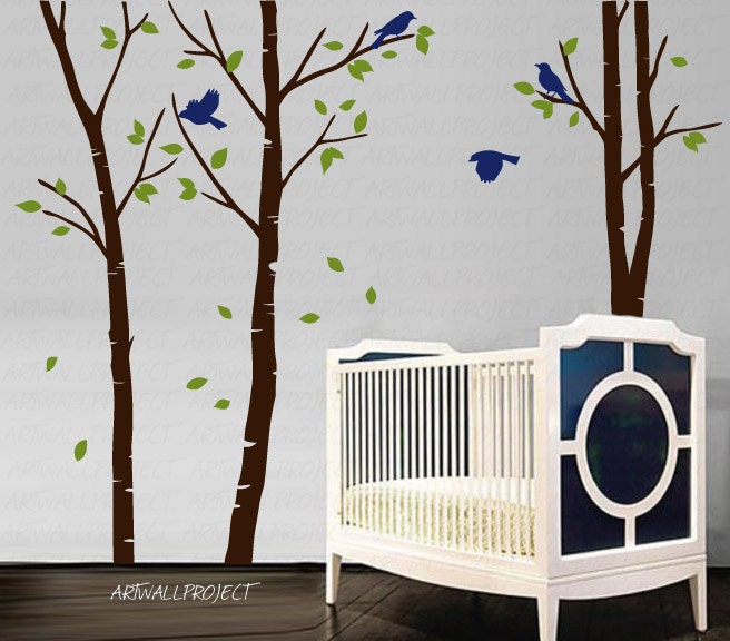 THREE trees LEAFY Birch Tree 101 inches with birds - Tree wall decal, home decor, Tree and birds wall decal