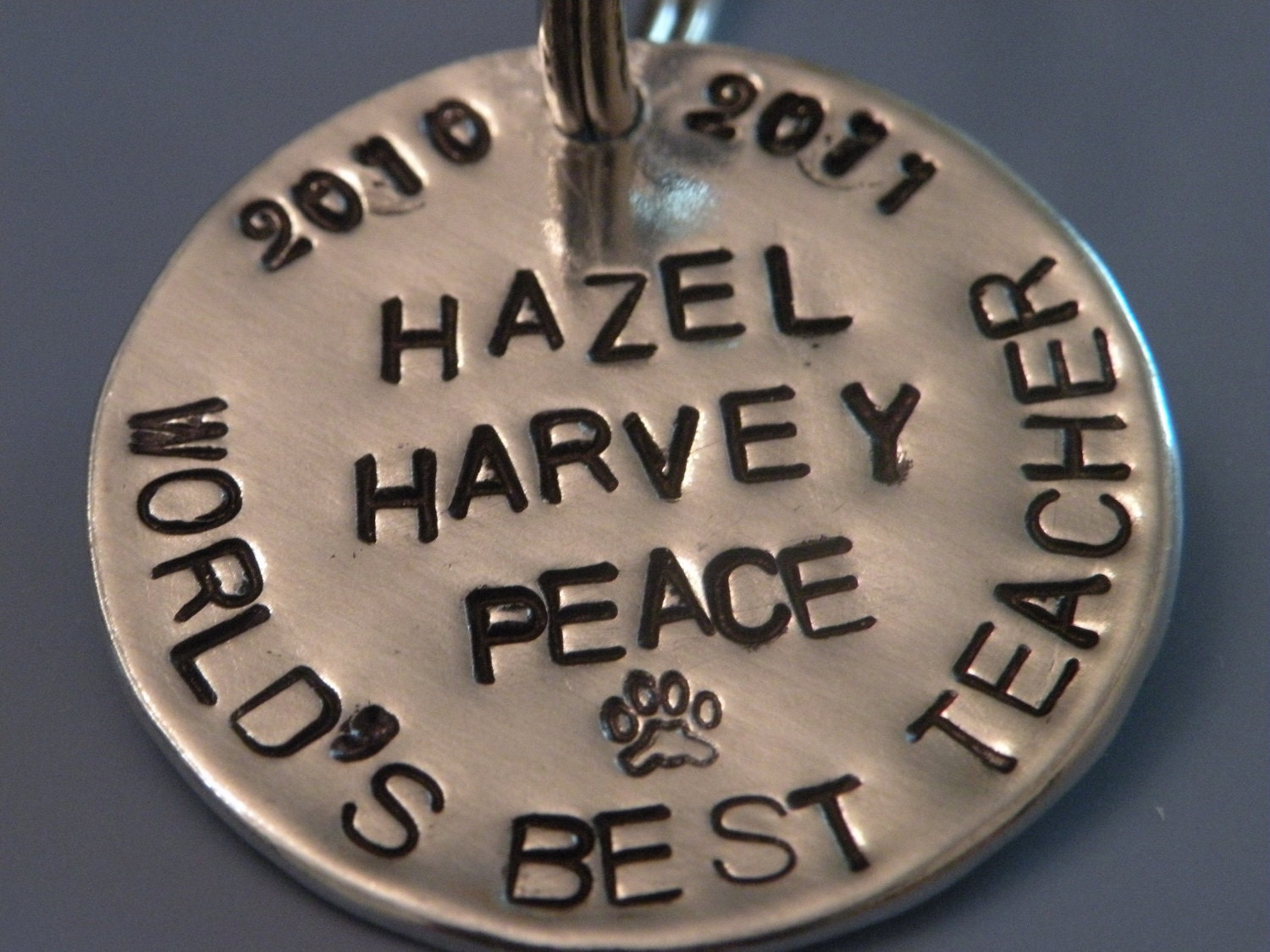 Hand Stamped Custom Silver Metal Keychain Personalize Names Dates Quotes Fundraisers