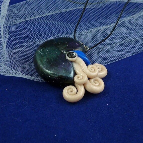 Deep Space Nautilus Necklace - Polymer Clay Cephalopod Jewelry