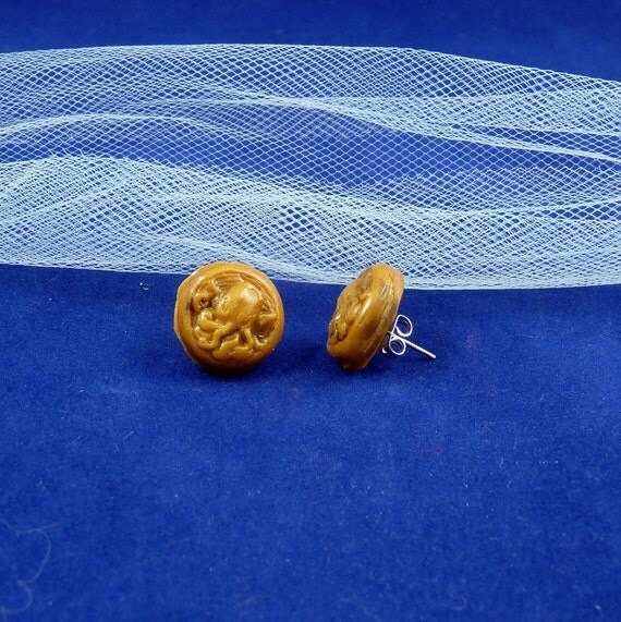 Brass Cthulhu Cameo Earrings - Handmade Polymer Clay Jewelry
