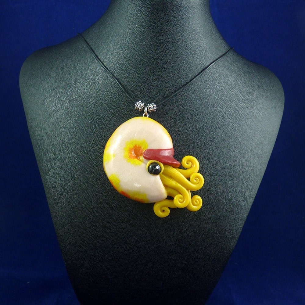 Fiery Nautilus Necklace - Polymer Clay Cephalopod Jewelry