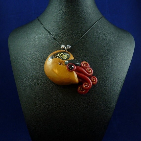 Brass Steampunk Nautilus Necklace - Polymer Clay Neo-Victorian Pendant