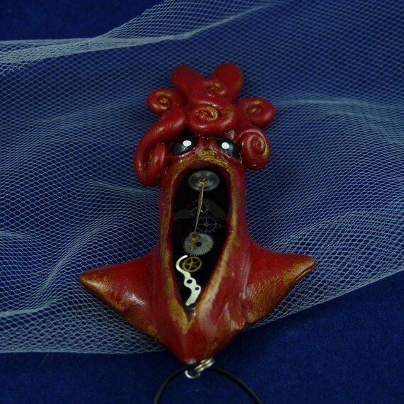 Gilded Steampunk Squid Necklace - Polymer Clay Jewelry Pendant