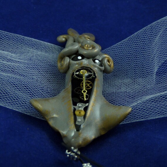 Steampunk Squid Necklace - Handmade Polymer Clay Jewelry