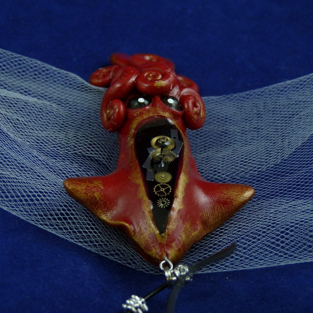 Gilded Steampunk Squid Necklace - Polymer Clay Jewelry Pendant