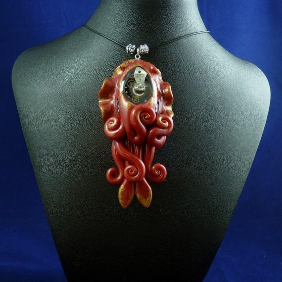 Gilded Steampunk Cuttlefish Necklace - Polymer Clay Neo-Victorian Cephalopod Pendant