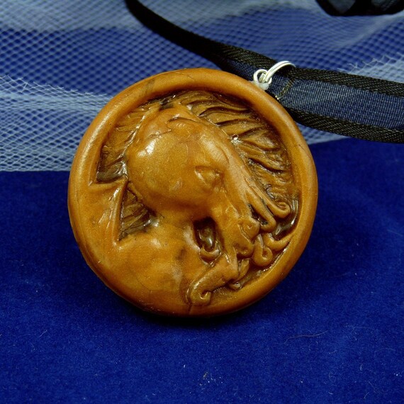 Brass Cthulhu Cameo Necklace - Handmade Polymer Clay Jewelry