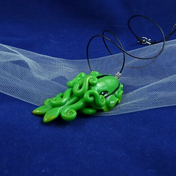 Green Cuttlefish Necklace - Handmade Polymer Clay Jewelry