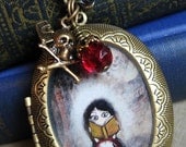 Locket necklace - A Grand Adventure vintage locket - pirates, skulls, books painting