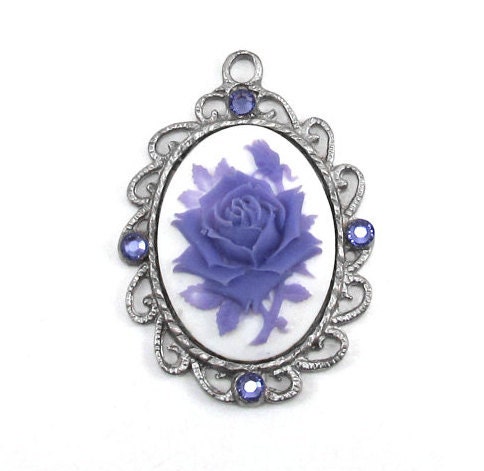 Single Neo Victorian 40x30mm Cameo Rose Pendant in Purple on White with Periwinkle Swarovski Crystal Accents - dminortheory