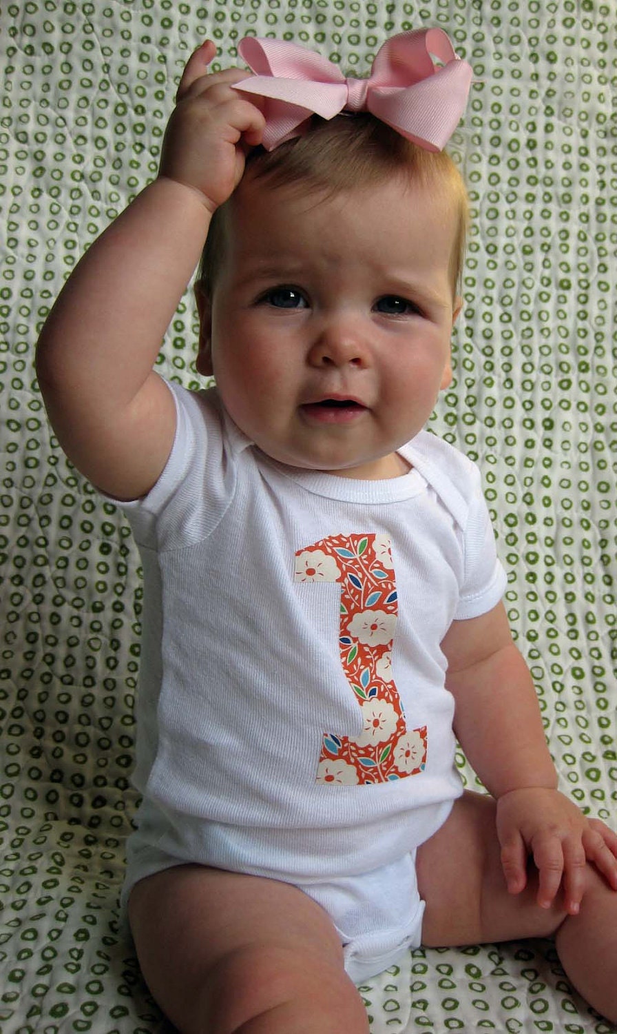 1 Onesie - Birthday Bodysuit - Baby Girl One Year Old Onesie Orange Katie Jump Rope Flowers