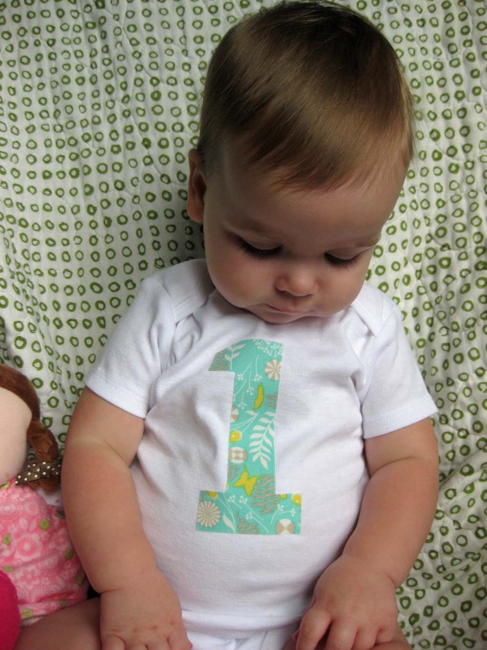 1 Onesie - Birthday Bodysuit - Baby Girl Onesie - Aqua with foliage and butterflies