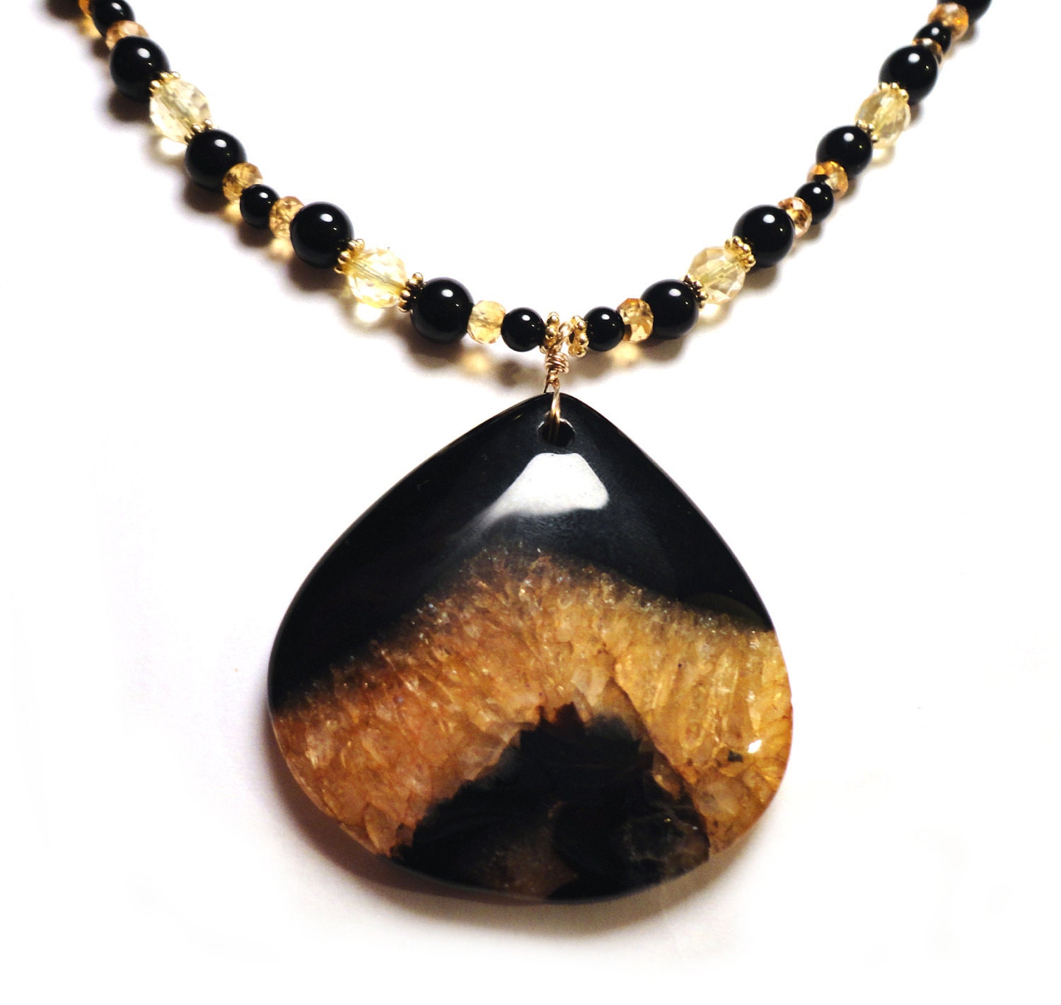 GOLDEN HEART Yellow Citrine Black Onyx Gold Filled Gold Vermeil 18in Pendant Necklace N409