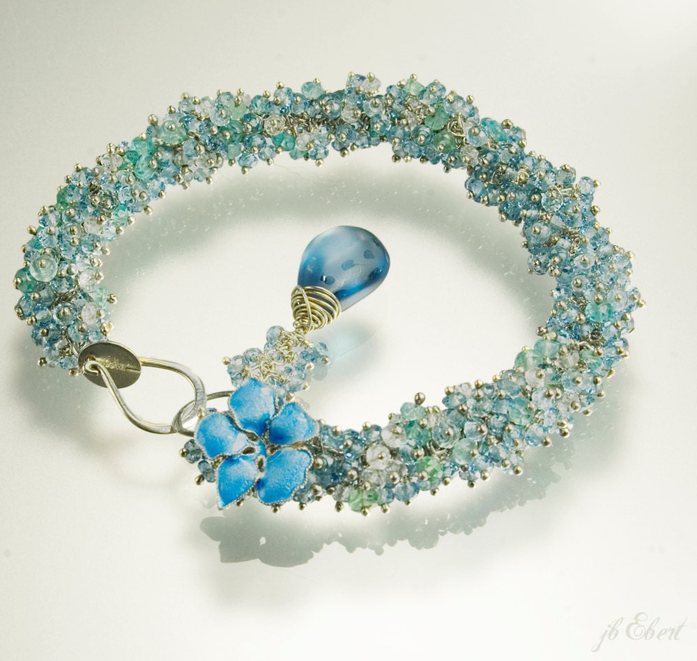 Bracelet, blue bracelet, gemstone luxury beaded jewelry sterling silver, antique button London blue. Spring color.  - Hibiscus