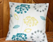 teal blue grey lemon decorative pillow cover, flower cushion cover 18 inch dandelion FABRIC BOTH SIDES