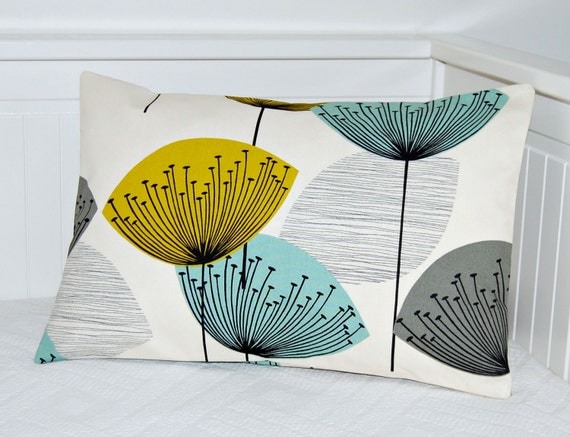 RESERVED FOR CL teal grey mustard pillow cover ,dandelion cushion cover 12 x 18 inch