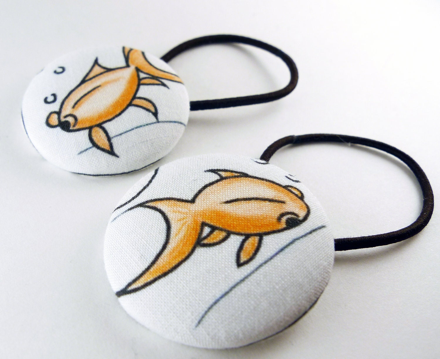 Handmade Fish Fabric Covered Button Hair Ties