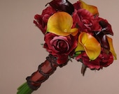 Autumn Real Touch Calla Lily Rose BOUQUET & BOUTONNIERE SET Gold Rust Garnet Red and Chocolate for an Sophisticated Upscale Fall Wedding