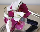 15pc Navy, Fuchsia, White Silk Wedding Flower Set Orchids & Real Touch Calla Lilies Bouquets, Boutonnieres, Corsages, Flower Girl