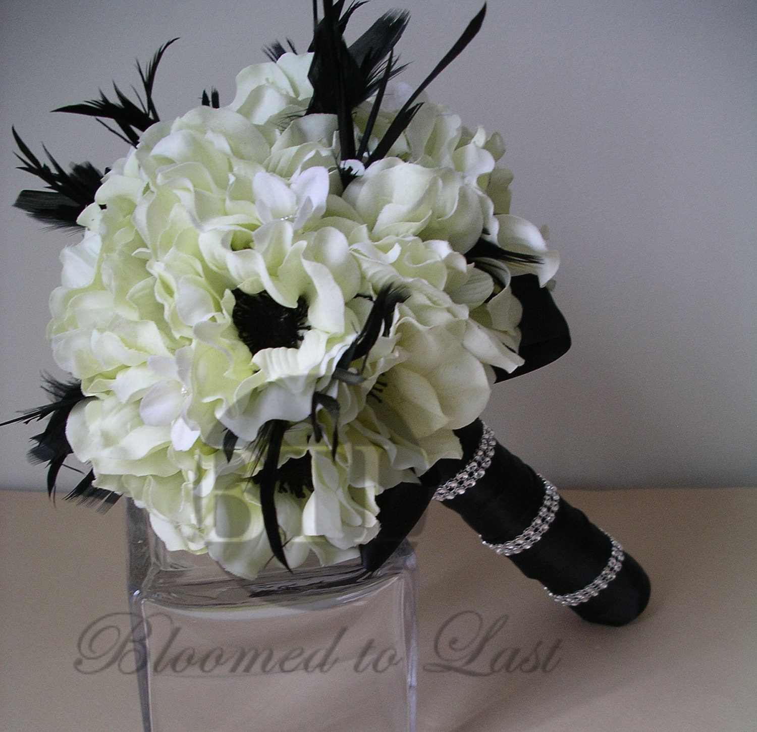 Hollywood Glam Great Gatsby Black and White Silk Anemone Wedding BOUQUET & BOUTONNIERE Set Rhinestone Wrap Feathers