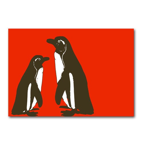 Nursery Decor Penguins in Red, fine art print,young and older penguins together