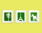 Three Green Prints,Winter tree with two Red robins, eiffel tower and Schnauzer Dog, fine art print, dog lover, green pattern