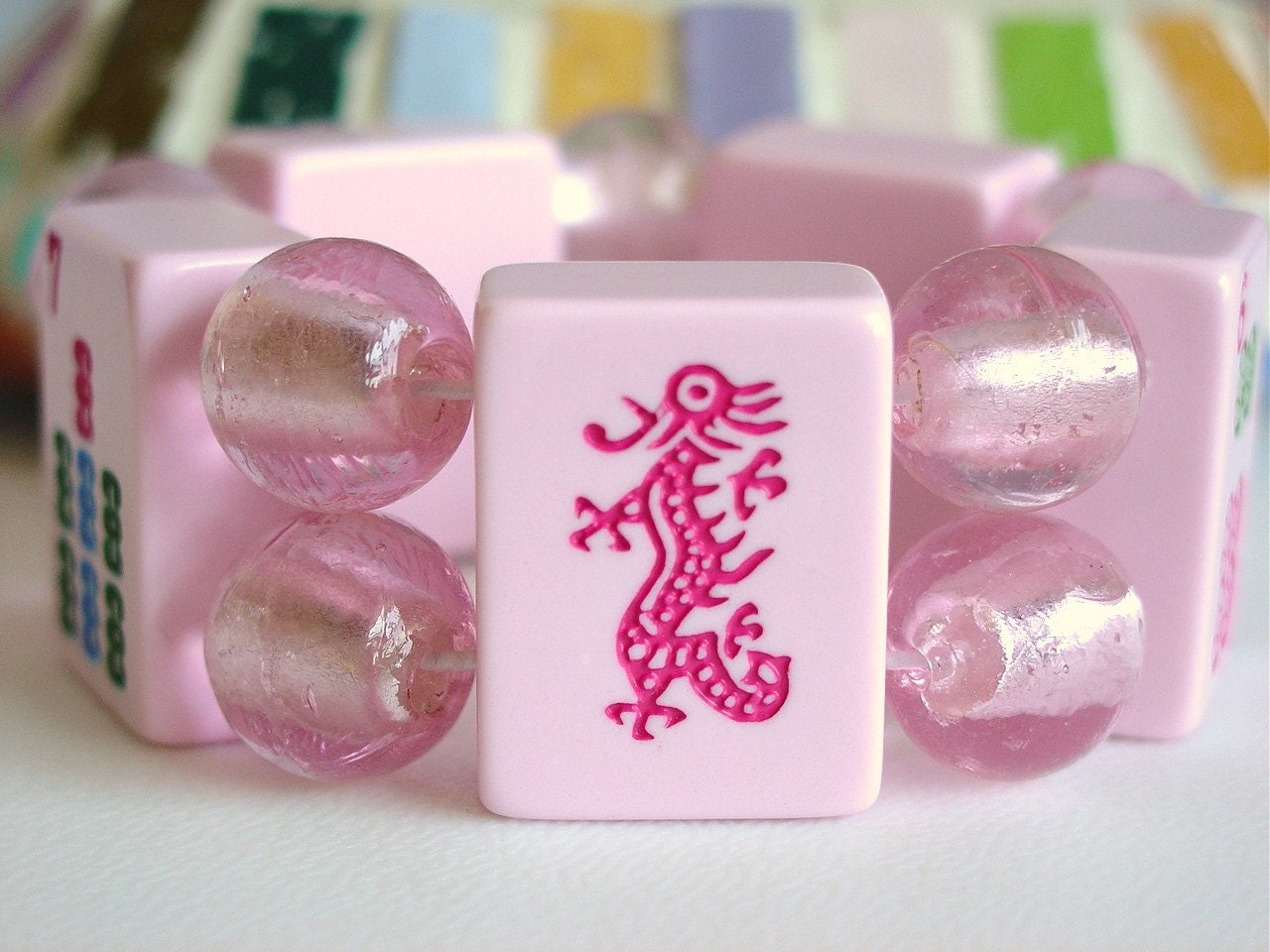 Pink Dragon Mah Jong Tile Bracelet with Glass Beads