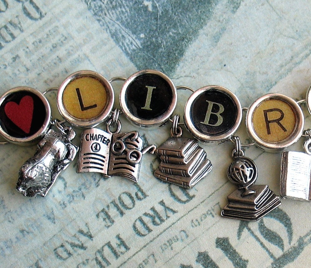 Heart Library Charm Bracelet Librarian Jewelry Book Lover Bibliophile