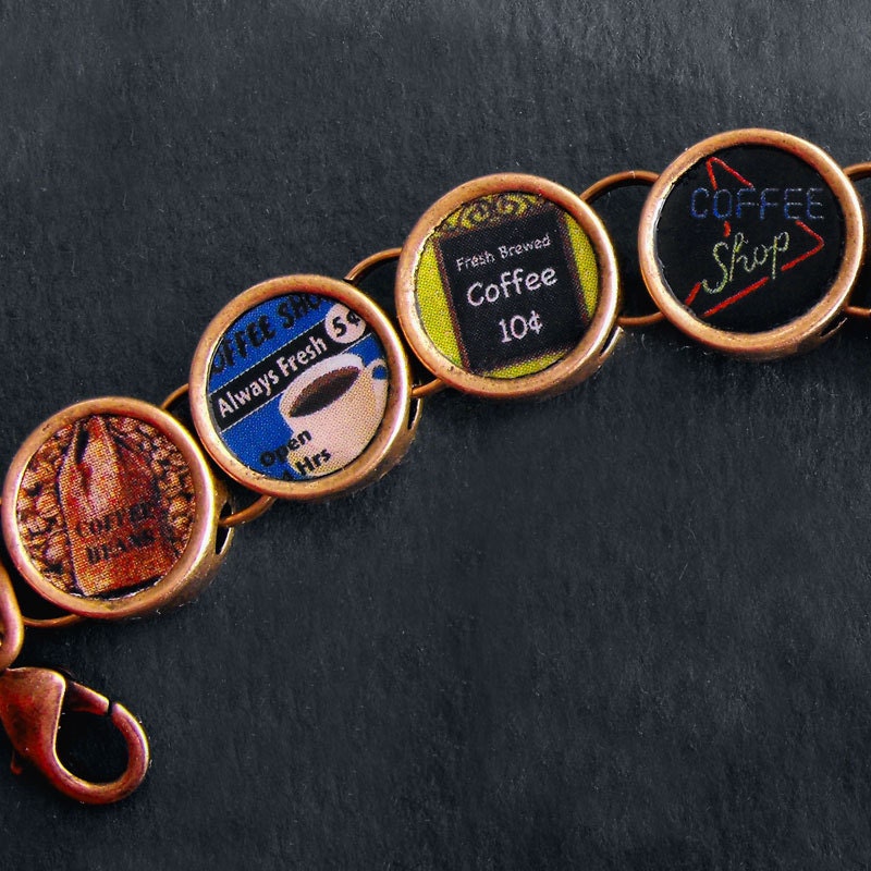 Coffee Lovers Bracelet Old Fashioned Shop Caffeine Java Theme Coppertone
