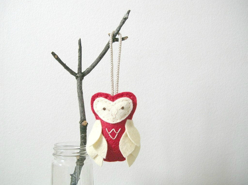 Felt Owl Christmas Ornament Ruby and Vanilla Plush Door Hanger by OrdinaryMommy