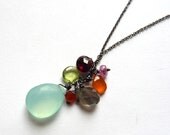Gemstone Mix Necklace in Antiqued Sterling Silver AA Chalcedony, Peridot, Garnet, Carnelian, Tourmaline