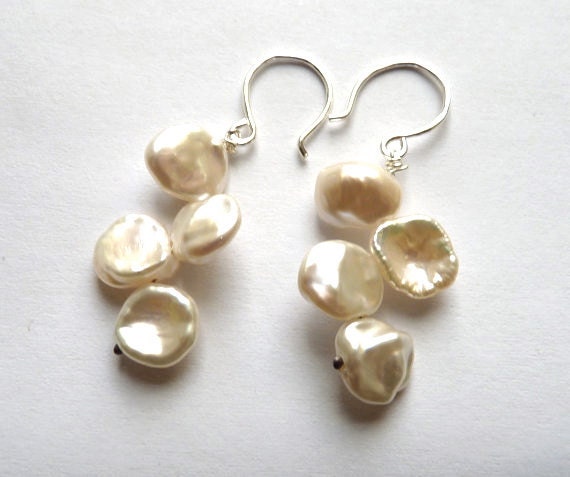 Glowing Creamy Ivory Keshi Pearl Branch Cluster Earrings Sterling Silver