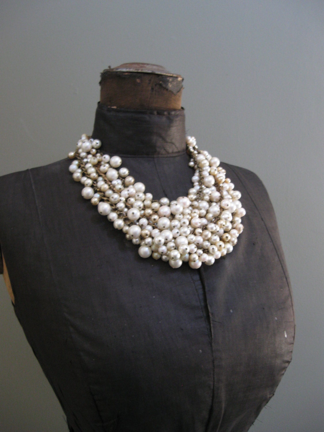 SALE - Mermaid Farts - Upcycled Pearl Bib Necklace - Cream Ecru and Brass - Eco Wedding