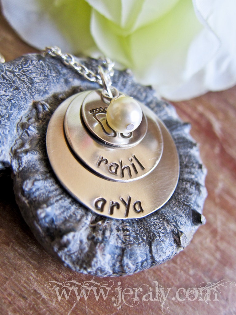Custom Stamped Name Necklace for Moms - Personalized with Birthstone Charm - Three Discs