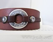 Men's Leather Cuff Bracelet with Hand Stamped Washer - Stainless Steel with Brown or Black - Perfect Gift for Men, Father, Dad, Husband