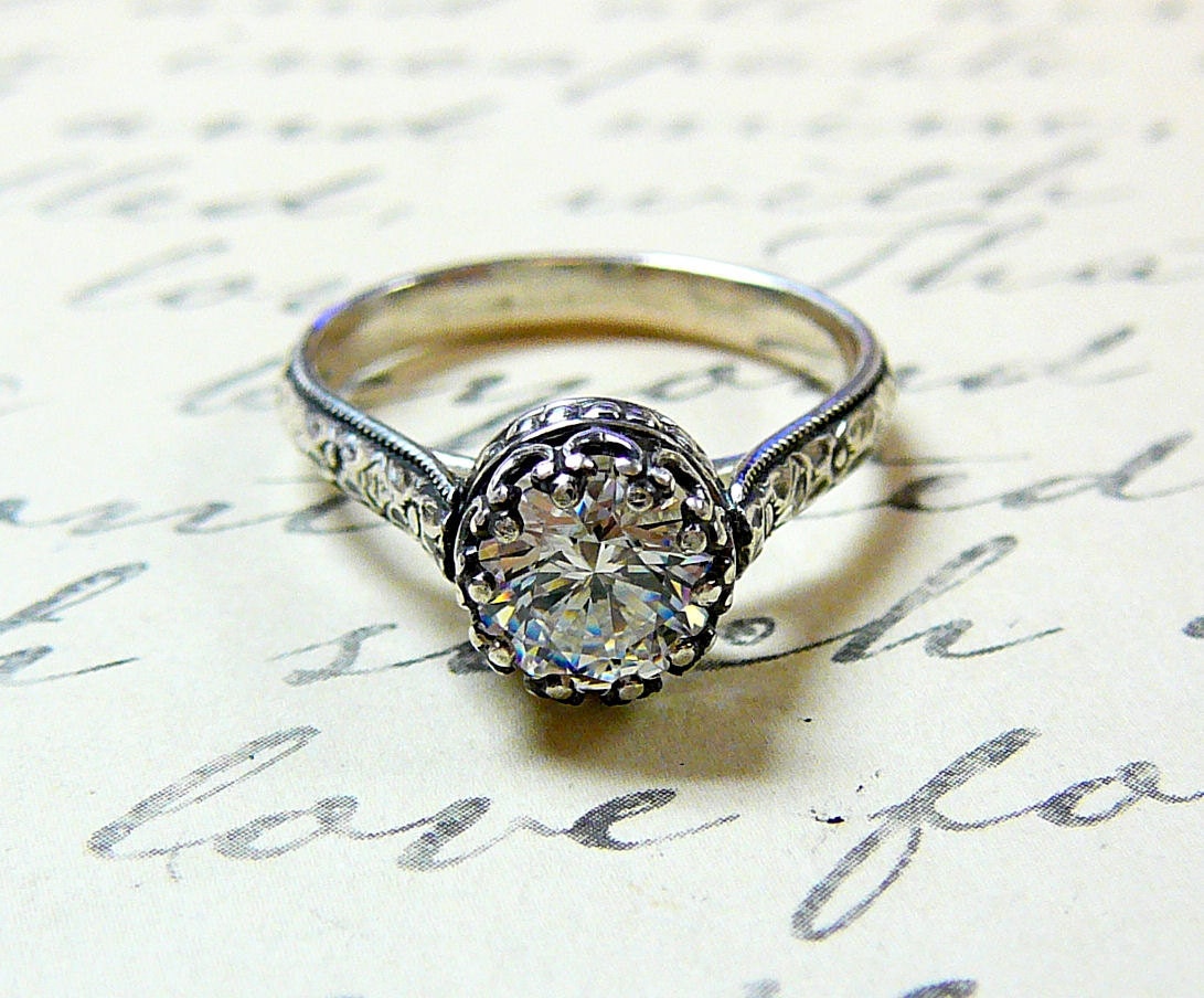 Vintage Engagement Sterling Silver Swarovski CZ Floral Band Ring with Tiara Crown like bezel - Wedding