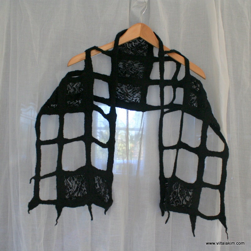 Black lace scarf wetfelted with wool handmade