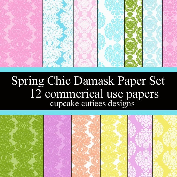 Spring Chic Damask Commerical USE Digital Collage Sheet Set of 12 Digital Papers