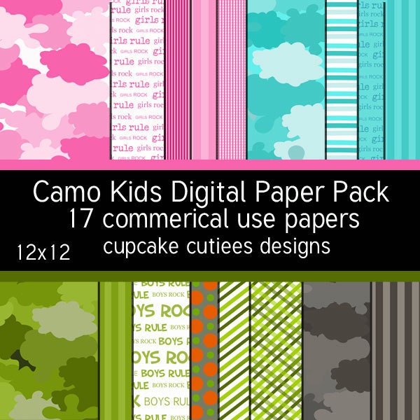Camo Camouflage KIDS  papers  Digital Collage Sheets 12 x 12 Set of  Digital Papers