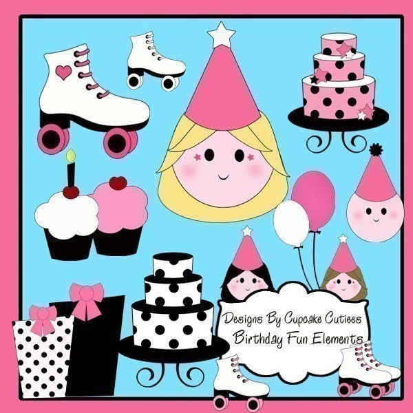 Roller Skating  Birthday Fun Clipart Commercial use for Cards, Stationary and Paper Products baby girl themed Birthday