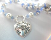 Heart Necklace-Rosary Linked - Pendant - Silver - Blue - Free Shipping