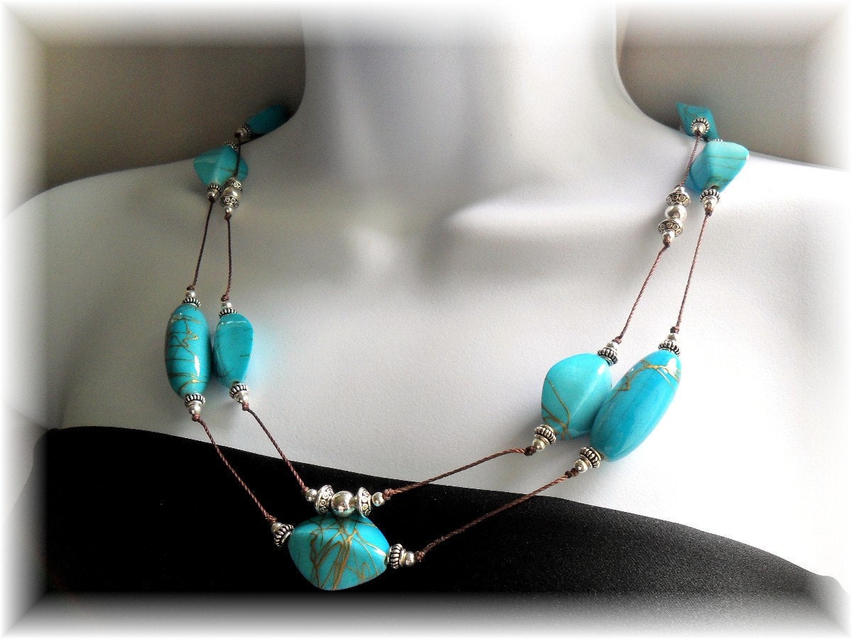 Hand Knotted Southwestern Style, Double Strand Necklace in Faux Turquoise, Browns and Silver Beads Free shipping and earrings included