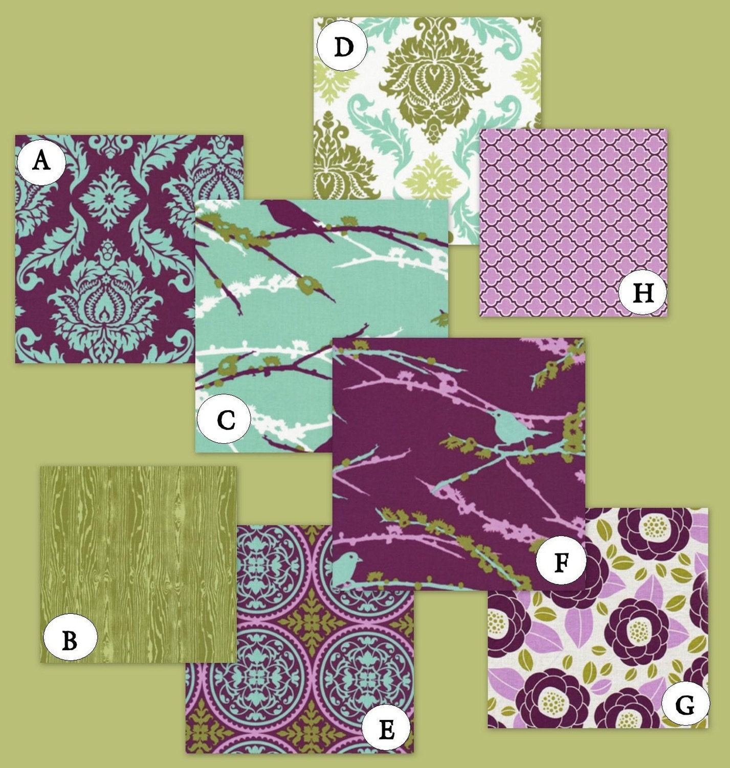 Custom Crib Bedding YOU DESIGN - Aviary in Purple, Green and Aqua