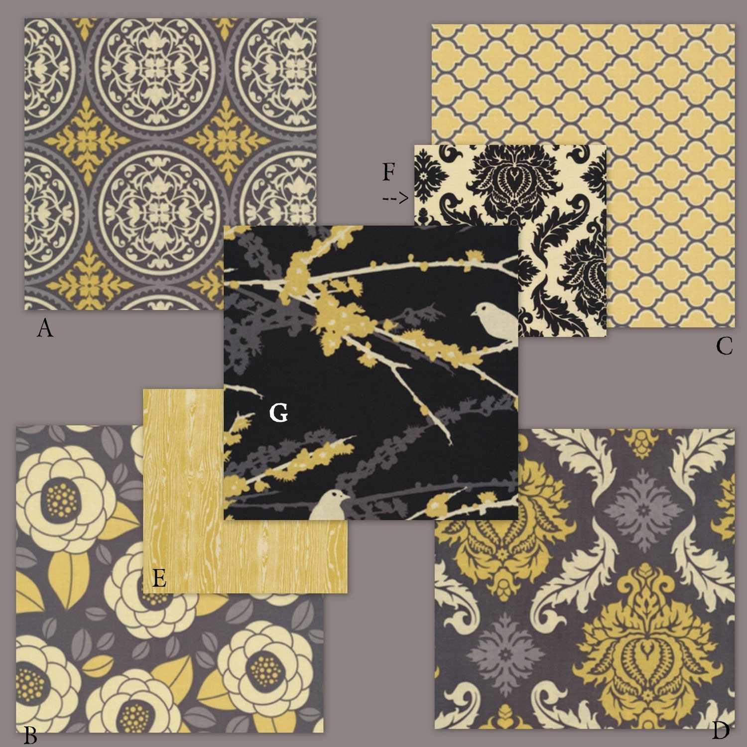 Custom Crib Bedding Set YOU DESIGN - Aviary in Gray and Yellow