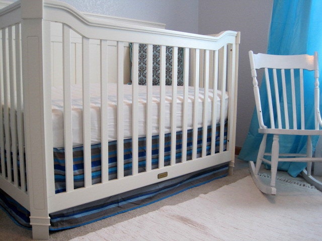 Crib Skirt - READY to SHIP - Flat panel, 14" Blue, Aqua and Gray Stripes