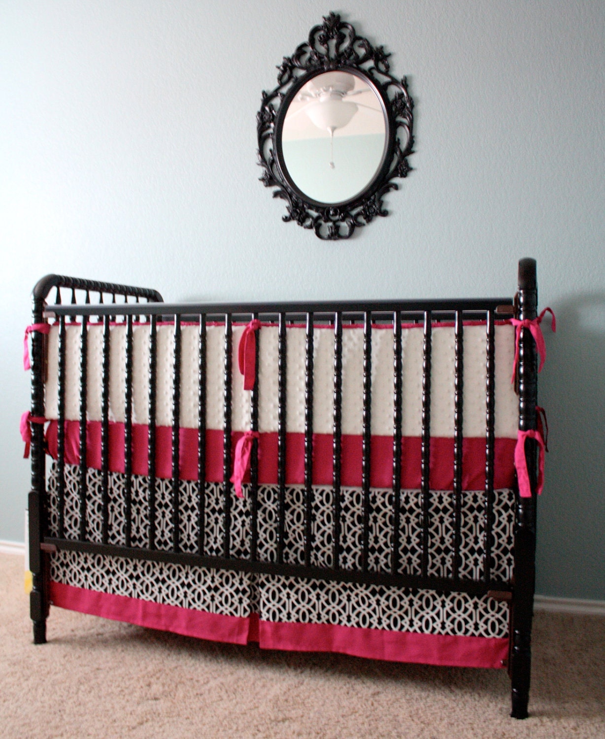 Bumperless Custom Crib Bedding in Pink and Navy Blue - Reserved for Priscilla