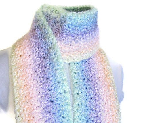 Crochet Scarf - Fairy Kei Fringed Handmade Pastel Rainbow Scarf