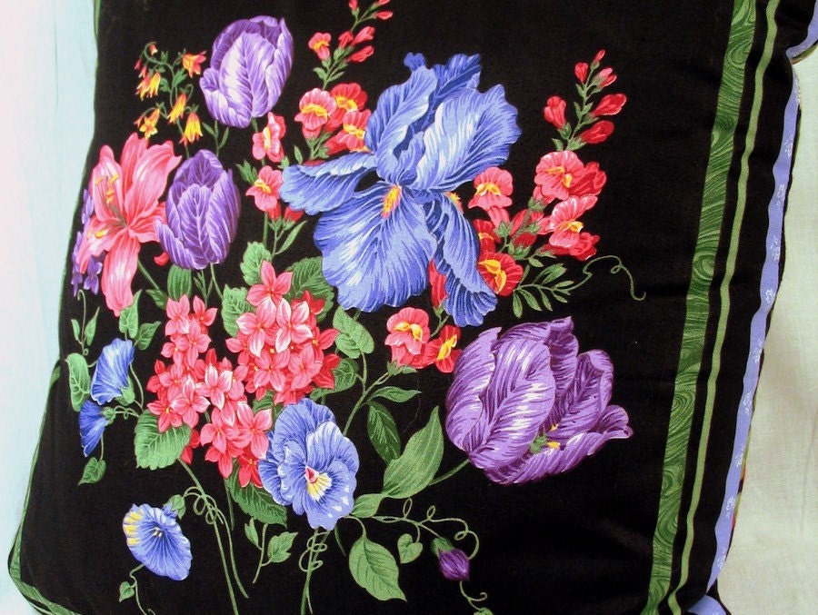 Floral Black Accent Pillow - Pink and Purple Spring Flowers