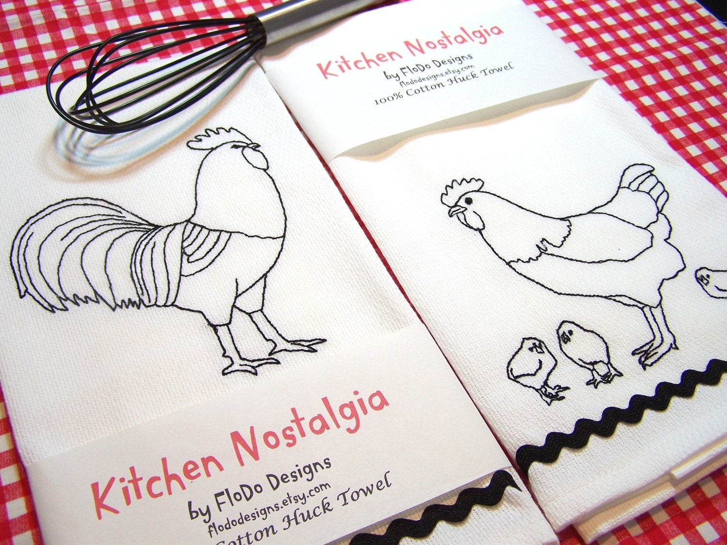 Blackwork Rooster and Family - Embroidered Kitchen Towel Set